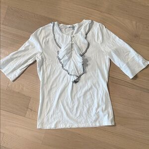 White Cabi Ruffled Blouse with Black Trim